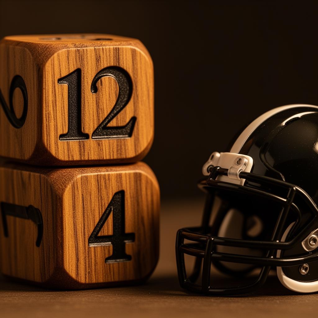 Detail of rotating wooden numbered cubes next to a mini football helmet